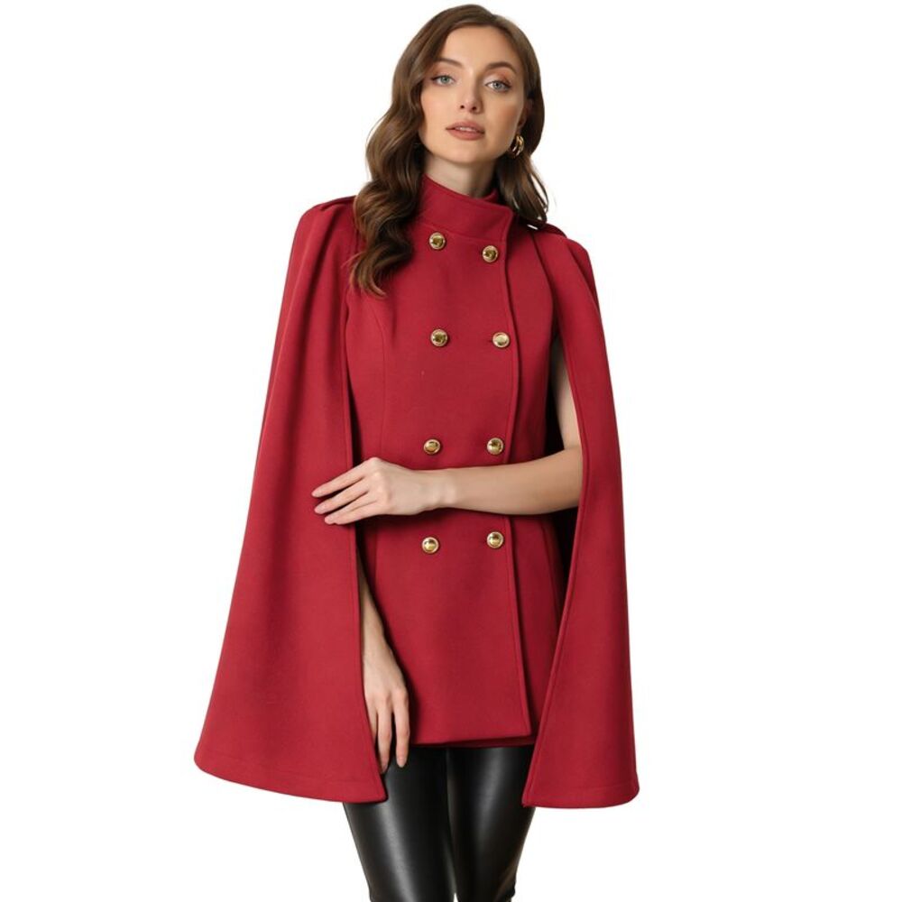 Cape Coats Winter Slit Sleeve Double Breasted Cloak Coat Burgundy